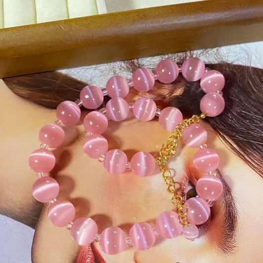 Vintage Pink Cat’s Eye Beaded Bracelet & Necklace