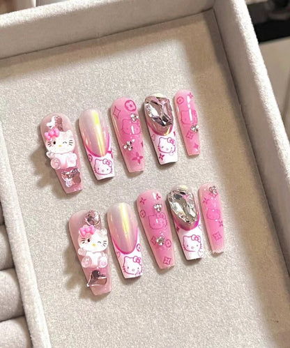 French Style Handmade Hello Kitty Press-On Nails