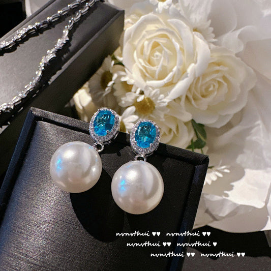 Aqua Zirconia & Shell Pearl Earrings