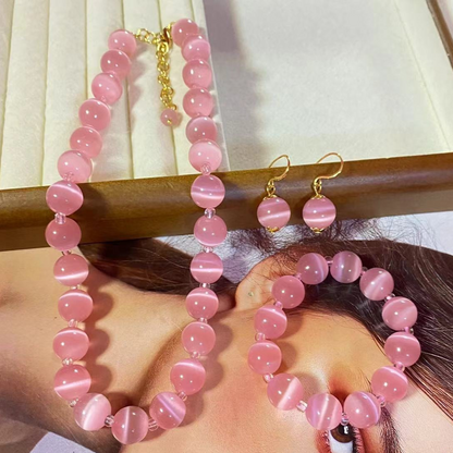 Vintage Pink Cat’s Eye Beaded Bracelet & Necklace